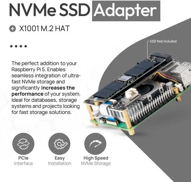 Alt view image 4 of 5 - Raspberry Pi 5 8GB PCIe M.2 NVMe - Set | Metal case | Active Cooler | M.2 NVMe SSD PCIe Board | Official USB-C 27W Power Supply | 64GB Edition | 4K Micro HDMI