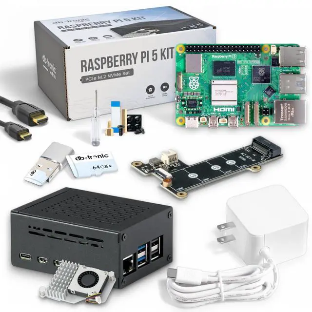 Main image of Raspberry Pi 5 8GB PCIe M.2 NVMe - Set | Metal case | Active Cooler | M.2 NVMe SSD PCIe Board | Official USB-C 27W Power Supply | 64GB Edition | 4K Micro HDMI