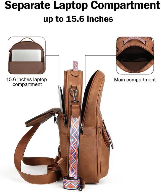 Alt view image 3 of 5 - FADEON 15.6 inch Leather Laptop Backpack Purse for Women, Designer Travel PU Backpack with Laptop Compartment for Work Brown