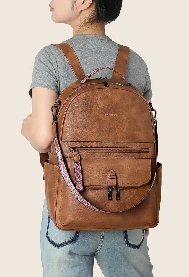 Alt view image 2 of 5 - FADEON 15.6 inch Leather Laptop Backpack Purse for Women, Designer Travel PU Backpack with Laptop Compartment for Work Brown
