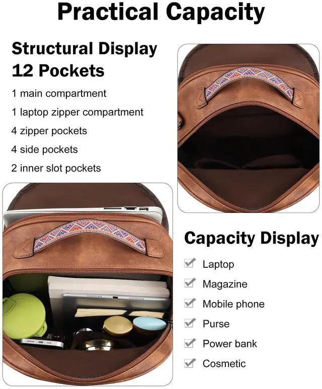 Alt view image 5 of 5 - FADEON 15.6 inch Leather Laptop Backpack Purse for Women, Designer Travel PU Backpack with Laptop Compartment for Work Brown