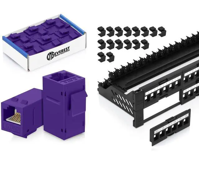 Main image of Everest Media Solutions Bundle - 2 Items: 48-Port Keystone Patch Panel + 12 Pack of RJ45 CAT6 Keystone Couplers - Purple