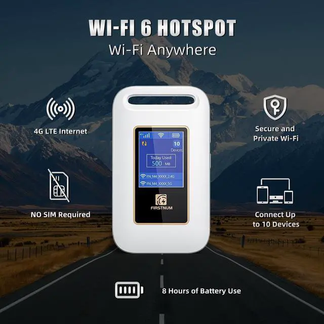 Alt view image 2 of 5 - Firstnum M4 4G LET Mobile Hotspot - ESIM Compact Portable WiFi Hotspot for Travel, No SIM Card or Contract Required, Hotspot Device Connect Up to 10 Devices, Portable Hotspot 1GB Free US Data Monthly