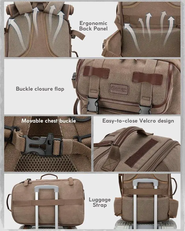 Alt view image 4 of 5 - Gonex Canvas Backpack, Vintage 3-in-1 Convertible Laptop Bag for Travel, Work & College, Large Carry-On Rucksack for Men & Women (Coffee Brown)