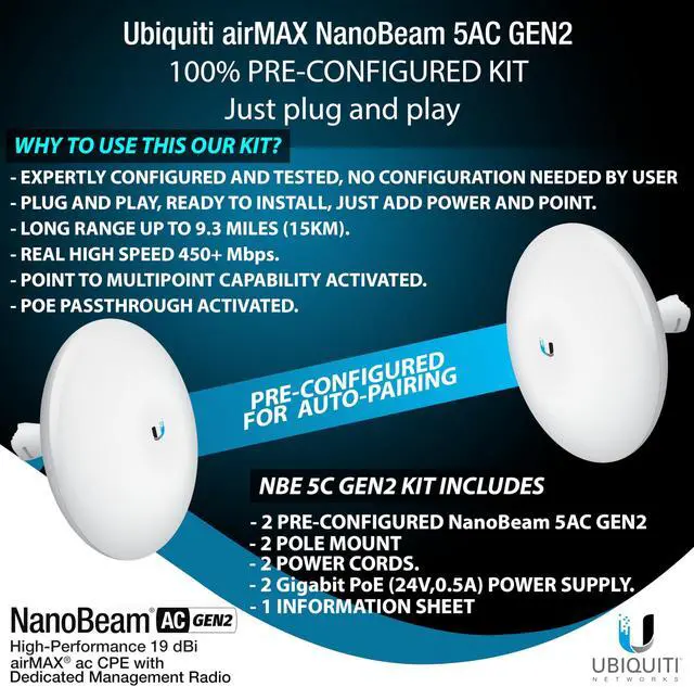 Alt view image 2 of 5 - Wireless Bridge NBE-5AC-GEN2 PRE-CONFIGURED Bundle of 2 Ubiquiti NanoBeam 5AC GEN2 with Two Poles - Outdoor Point-to-Point Wi-Fi Bridge, Plug and Play, 450+ Mbps Speed, 15+ km Range