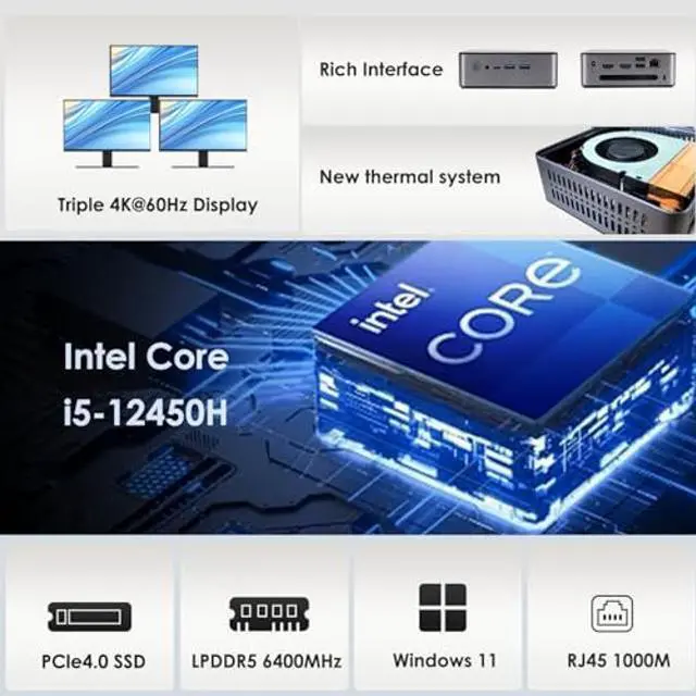 Alt view image 3 of 5 - BRE NUC Mini PC N5A Intel Core i5-12450H up to 4.4GHz (8C/12T), 16GB LPDDR5 RAM 512GB NVMe SSD Computers, USB 3.2/Type-C/WiFi 6/BT5.2/RJ45 2.5G/4K Triple Display Desktop PC