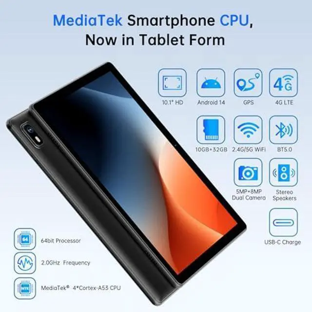 Alt view image 2 of 5 - Android 14 Tablet 10.1 Inch,4G SIM Unlocked, Quad-Core CPU 2.0GHz,3GB+32GB, TF Expandable, IPS Display, 5G WiFi, Bluetooth 5.0,5MP+8MP Dual Cameras,5000mAh, GPS, Google Kids Space,Black case