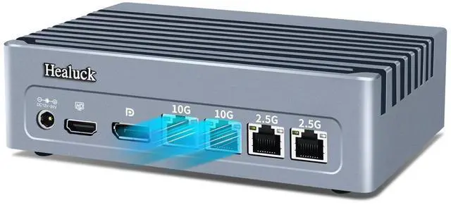 Main image of Healuck S7 Dual 10GbE Mini PC N305, Firewall Micro Appliance 4 LAN (2 x 10Gbit, 2 x i226V 2.5GbE), DDR5 8GB RAM 128GB SSD, 2 x NVMe Firewall Hardware, USB-C Port, 2USB3.2 10Gbps, SPK/MIC