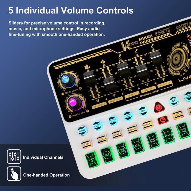 Alt view image 4 of 5 - Hosabely Audio Mixer With Effects, Live Sound Card with Volume Fader, Voice Changer, Sound Effects, LED Lights, for Karaoke, Recording, Podcasting Sound Board for Kids, Gift, Gme, PS5(White)