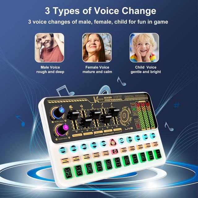 Alt view image 5 of 5 - Hosabely Audio Mixer With Effects, Live Sound Card with Volume Fader, Voice Changer, Sound Effects, LED Lights, for Karaoke, Recording, Podcasting Sound Board for Kids, Gift, Gme, PS5(White)