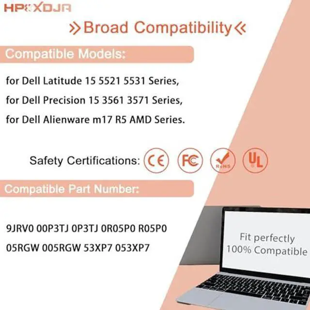 Alt view image 5 of 5 - HPXXDJA 9JRV0 Battery Replacement for Dell Latitude 5521 5531 Precision 3561 3571 3581 Alienware m17 R5 AMD/Alienware m18 R1 Series Laptop 0P3TJ 0R05P0 05RGW