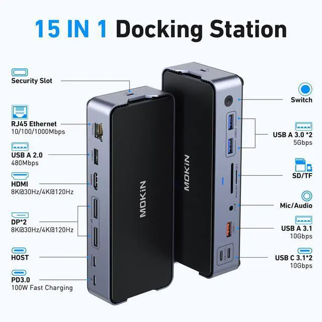 Alt view image 2 of 5 - 8K USB C Laptop Docking Station,Docking Station 3 Monitors with 1*HDMI, 2*DisplayPort,15 in 1 USB C Dock for Dual/Triple Monitors,6 *USB Ports,100W PD,Ethernet,SD&TF,Audio,for Dell/HP/MacBook/Lenovo