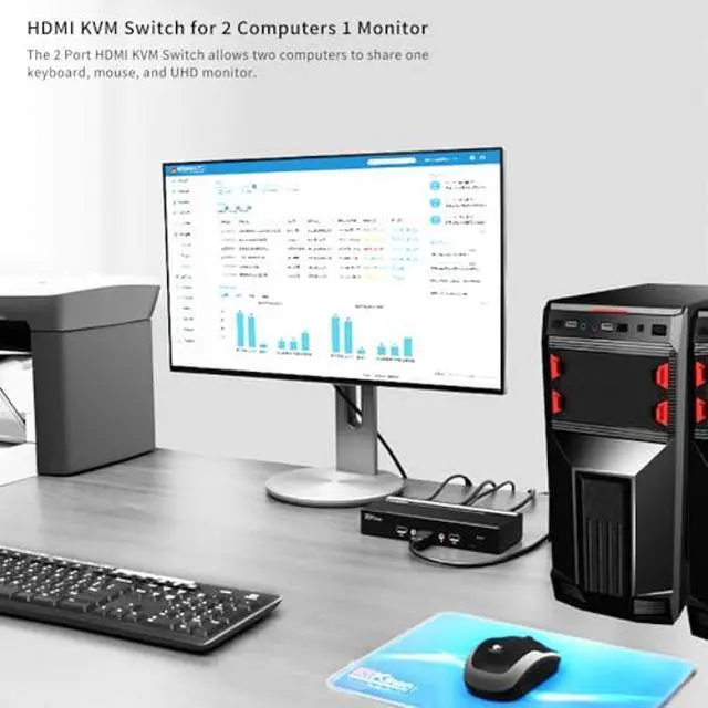 Alt view image 2 of 5 - KVM Switch 1 Monitors 2 Computers HDMI 4K 60Hz, KVM Switcher, 2 PCs Share 1 Monitor Keyboard Mouse Printer Scanner, USB2.0, Audio, Hotkey, EDID Emulation, for Windows,Mac,Linux,Unix, Cables Included