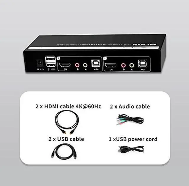 Alt view image 5 of 5 - KVM Switch 1 Monitors 2 Computers HDMI 4K 60Hz, KVM Switcher, 2 PCs Share 1 Monitor Keyboard Mouse Printer Scanner, USB2.0, Audio, Hotkey, EDID Emulation, for Windows,Mac,Linux,Unix, Cables Included