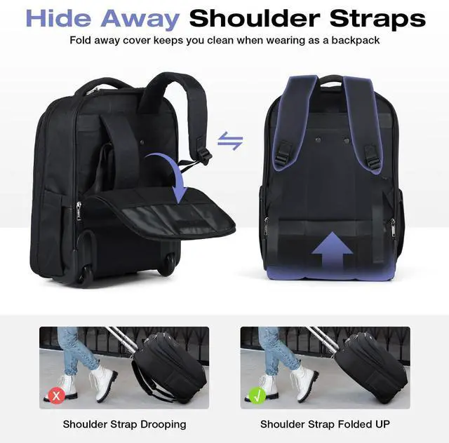 Alt view image 4 of 5 - Lekespring Rolling Backpack for Adults,18 Inch Waterproof Carry-on Backpack with Wheels, Wheeled Backpack Carry-on Luggage, Travel Backpack for Men Women, Trolley Laptop Backpack, Black Large
