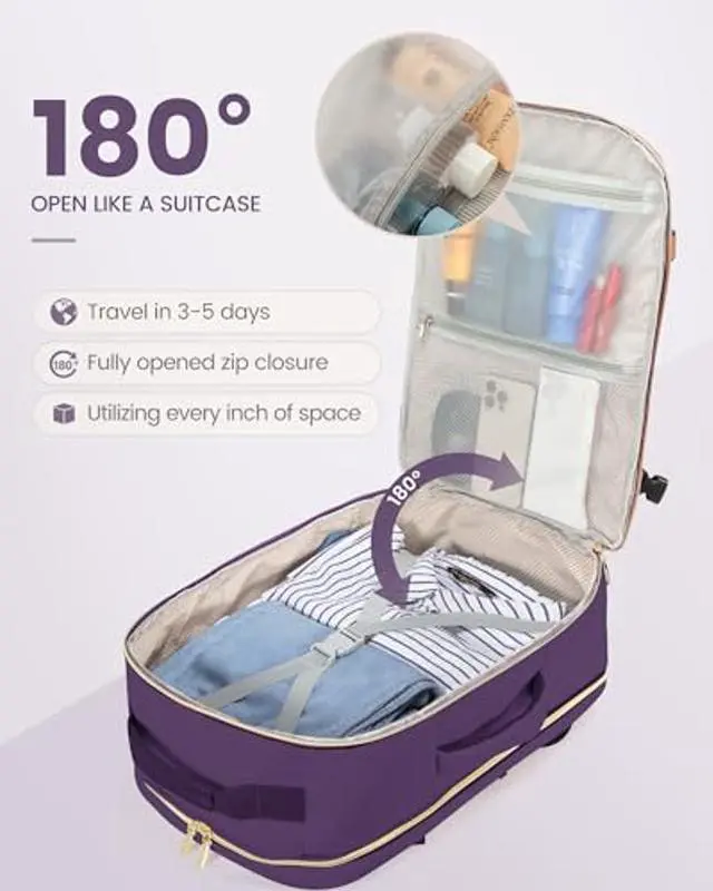 Alt view image 2 of 5 - LOVEVOOK Carry on Travel Backpack, 40L Waterproof Large 17inch Laptop Luggage Daypack as Personal Item Flight Approved, Business Weekender Overnight with 3 Packing Cubes, Dark purple