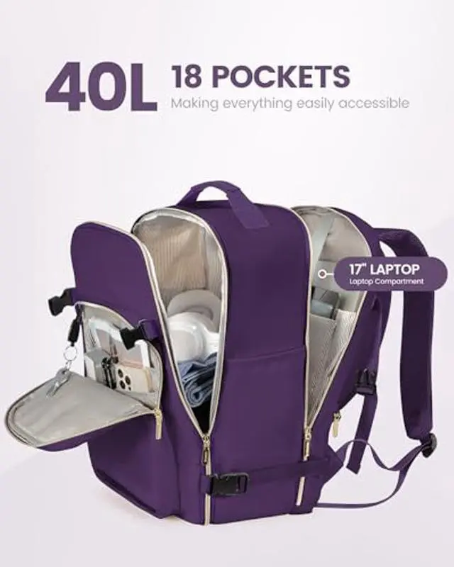 Alt view image 3 of 5 - LOVEVOOK Carry on Travel Backpack, 40L Waterproof Large 17inch Laptop Luggage Daypack as Personal Item Flight Approved, Business Weekender Overnight with 3 Packing Cubes, Dark purple
