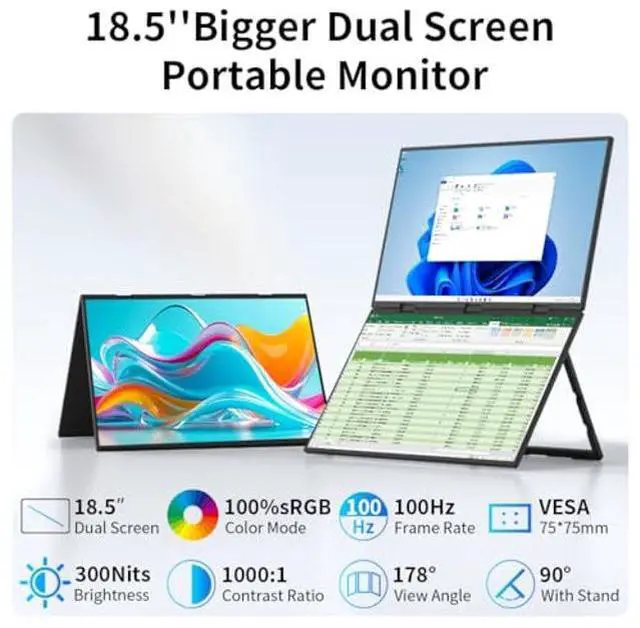 Alt view image 2 of 5 - Dual Monitor 18.5" 100Hz,Portable Monitor for Laptop Extender| 1080P |100% Srgb|Plug & Play|Stand & VESA|Automatic Rotation| Extended Computer Display for Laptop PC Windows Mac