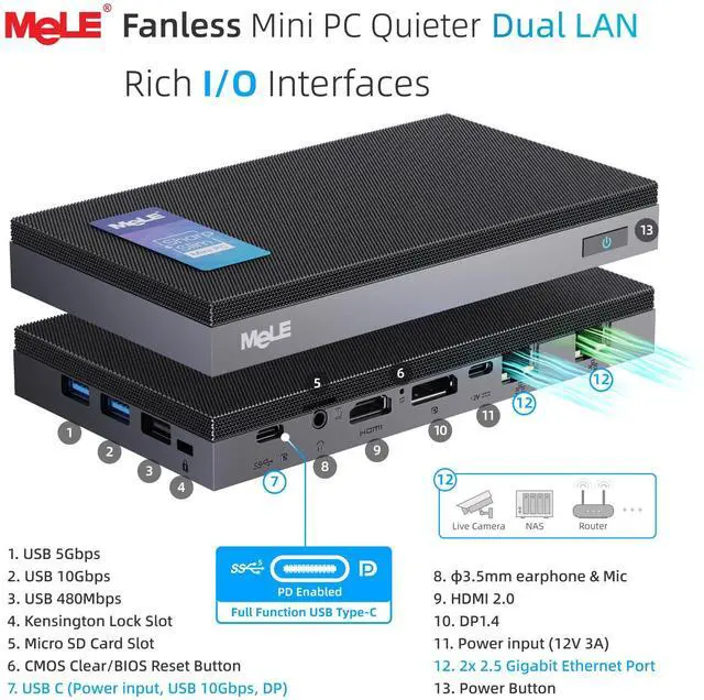 Alt view image 4 of 5 - MeLE QuieterDL Mini PC with Windows 11 Home N100 4G 128G, Dual LAN 2.5G, N100 Fanless Mini Computers, Full-Function USB-C, 4K Triple Display Desktop on Home, Office, Education, Industrial, Billboard