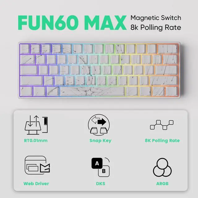 Alt view image 5 of 5 - MONSGEEK FUN60 MAX Rapid Trigger Gaming Keyboard 8k SP Magnetic Switch HE Keyboard Multi-Modes Wireless 60% Nebula White, Glare Magnetic Switch