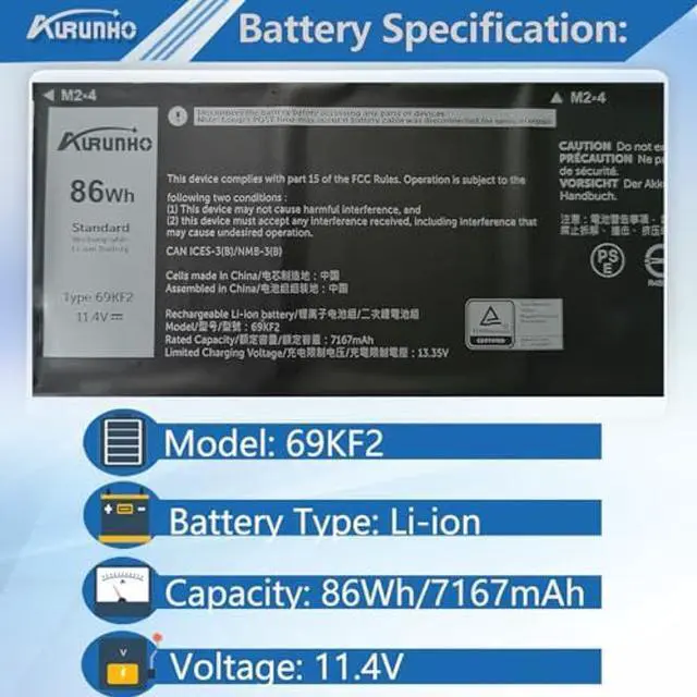 Alt view image 2 of 5 - 69KF2 86Wh Laptop Battery Replacement for Dell XPS 15 9500 9510 9520 Alienware M15 (R3 R4 R5 R6 R7) M16 R1, M17(R3 R4) G7 7500 G15 5510 5511 5515 5520 5521 Precision 5550 5560 5570 Inspiron 7510 7610