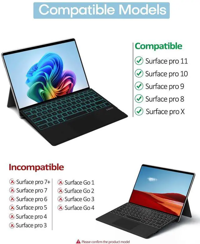 Alt view image 2 of 5 - Surface Pro Keyboard for Microsoft Surface Pro 11/10/9/8/X, Surface Pro Bluetooth Type Cover with 7 Colors Backlit, Touchpad, Sleep/Wake Function, Pencil Holder, Rechargeable Battery