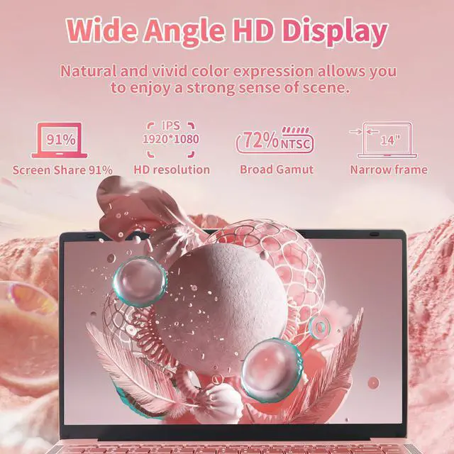 Alt view image 2 of 5 - Ultra Light and Portable 14" Rose Gold Laptop -Win 11 Pro/Office 2019, Celeron J4105, FHD IPS Display, 6GB RAM, 180deg Hinge/HDMI/WiFi/BT - Perfect for Travel, Work, Study, and Play! (256G SSD)