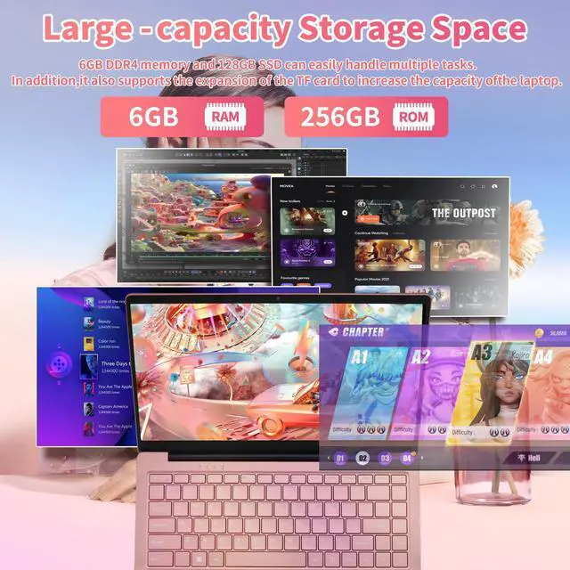 Alt view image 3 of 5 - Ultra Light and Portable 14" Rose Gold Laptop -Win 11 Pro/Office 2019, Celeron J4105, FHD IPS Display, 6GB RAM, 180deg Hinge/HDMI/WiFi/BT - Perfect for Travel, Work, Study, and Play! (256G SSD)