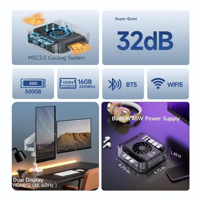 Alt view image 2 of 5 - OUMAX Home Office Mini PC, Intel 13th Twin Lake N150(up to 3.6GHz),16GB DDR4 500GB M.2 SSD,Dual LAN Mini Computers Small PC Support 4K Dual Display/ USB3.2/WiFi5/BT5.0/Built-in 45W Power Supply
