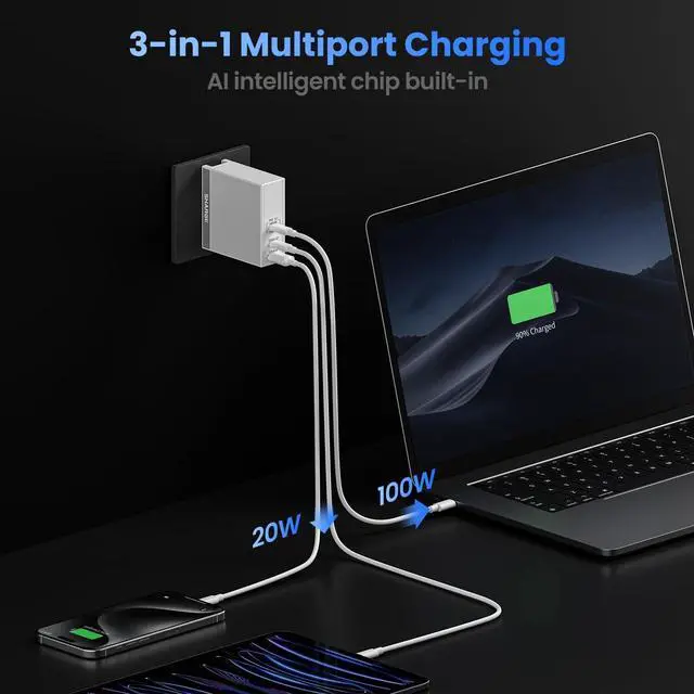 Alt view image 3 of 5 - SHARGE USB C Charger for Laptops 140W GaN Fast Charger with USB C and USB A, PD3.1 Power Adapter Compatible for MacBook Chromebook Surface iPhone 16/15 iPad PC Tablets (Cable Not Included)