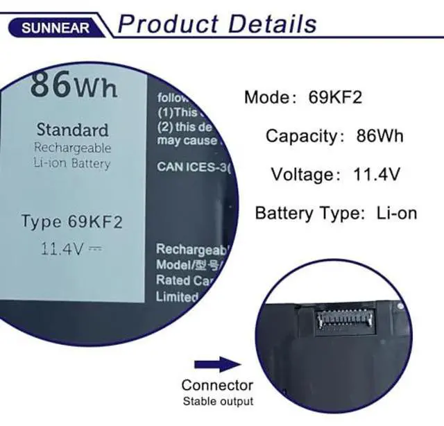 Alt view image 3 of 5 - 69KF2 86Wh Battery Replacement for Dell XPS 15 9500 9510 9520 G15 5510 5511 5515 5520 5521 Precision 5550 5560 5570 G5 G7 G16 Alienware M15 R3 R4 R5 R6 R7 M17 R3 R4 Inspiron 7510 7610 7620 P87F 8FCTC
