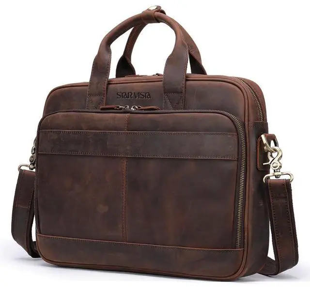 Main image of STAR VISTA Siro 15.6" Slim Laptop Messenger Bag, Full Grain Leather Briefcase, YKK Zippers, Brass Hardware, Dark Brown
