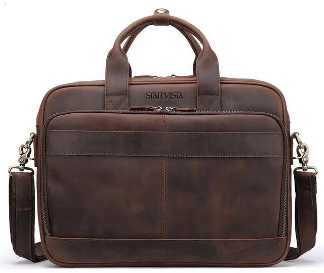 Alt view image 2 of 5 - STAR VISTA Siro 15.6" Slim Laptop Messenger Bag, Full Grain Leather Briefcase, YKK Zippers, Brass Hardware, Dark Brown