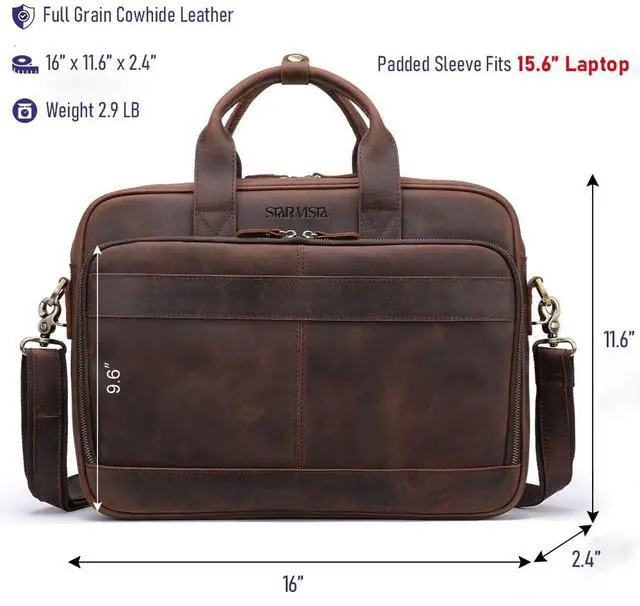 Alt view image 4 of 5 - STAR VISTA Siro 15.6" Slim Laptop Messenger Bag, Full Grain Leather Briefcase, YKK Zippers, Brass Hardware, Dark Brown