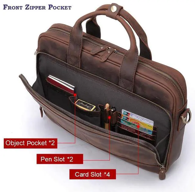 Alt view image 5 of 5 - STAR VISTA Siro 15.6" Slim Laptop Messenger Bag, Full Grain Leather Briefcase, YKK Zippers, Brass Hardware, Dark Brown