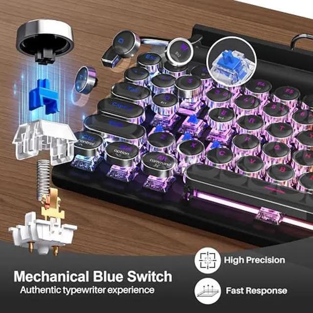 Alt view image 2 of 5 - Taiahiro Retro Typewriter Mechanical Keyboard, Wireless Bluetooth 5.0 LED Backlit Office Computer Keyboards with 83-Key Clicky Blue Switches, Vintage Design for PC/Laptop/Mac/Pad/Phone/Gaming, Black