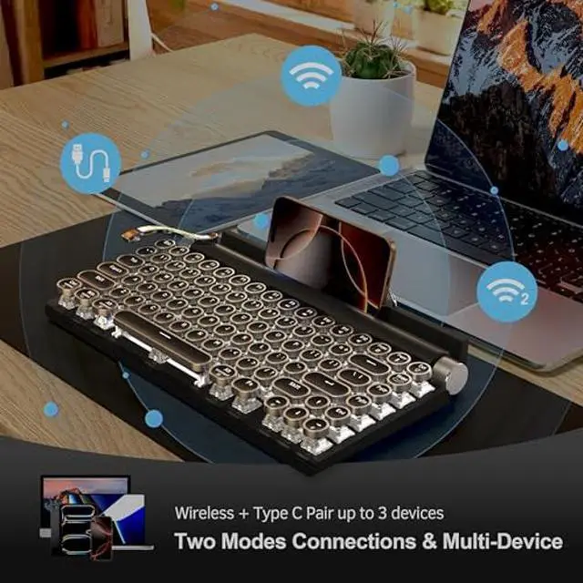 Alt view image 4 of 5 - Taiahiro Retro Typewriter Mechanical Keyboard, Wireless Bluetooth 5.0 LED Backlit Office Computer Keyboards with 83-Key Clicky Blue Switches, Vintage Design for PC/Laptop/Mac/Pad/Phone/Gaming, Black