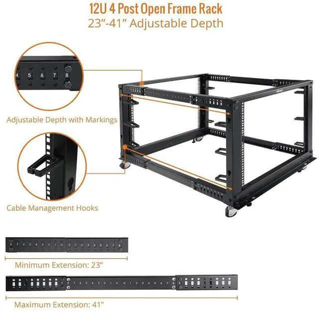 Alt view image 3 of 5 - Tecmojo 12U Open Frame Server Rack,4-Post Adjustable Depth Rolling Network Rack for Computer/Data/AV/IT/Servers,Mobile Type