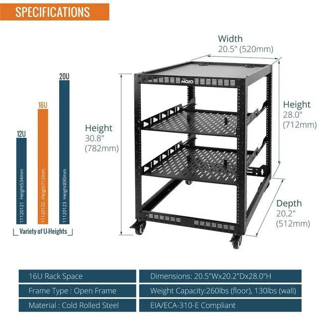 Alt view image 2 of 5 - TECMOJO 16U Open Frame Network Rack for IT &AV Gear, AV Rack 4-Post with casters, Mobile 16U Rack with 2 PCS 1U Server Rack Shelf & Mounting Hardware, for 19" Network,Audio and Video Device