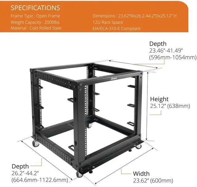 Alt view image 2 of 5 - Tecmojo 12U Open Frame Server Rack,4-Post Adjustable Depth Rolling Network Rack for Computer/Data/AV/IT/Servers,Mobile Type