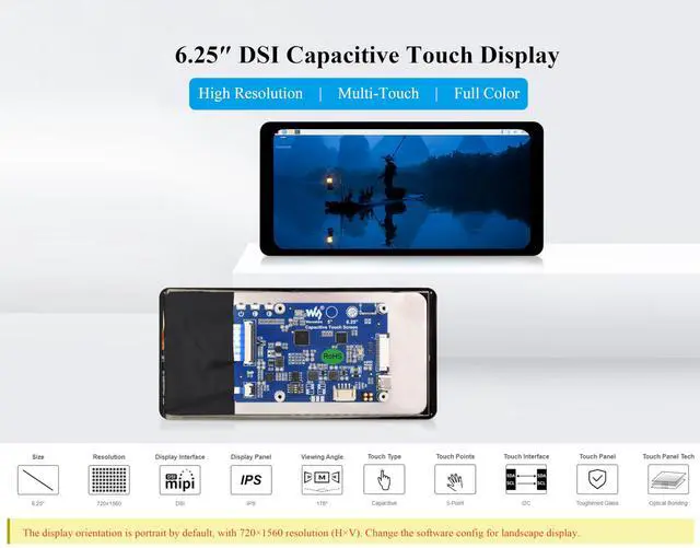 Alt view image 2 of 5 - UeeKKoo 6.25inch DSI LCD Touch Screen 720 x 1560 IPS Capacitive Display Compatible with Raspberry Pi 5/4B/3B+/CM4/3+/3, Optical Bonding Toughened Glass Panel, DSI Interface, 5-Point Touch