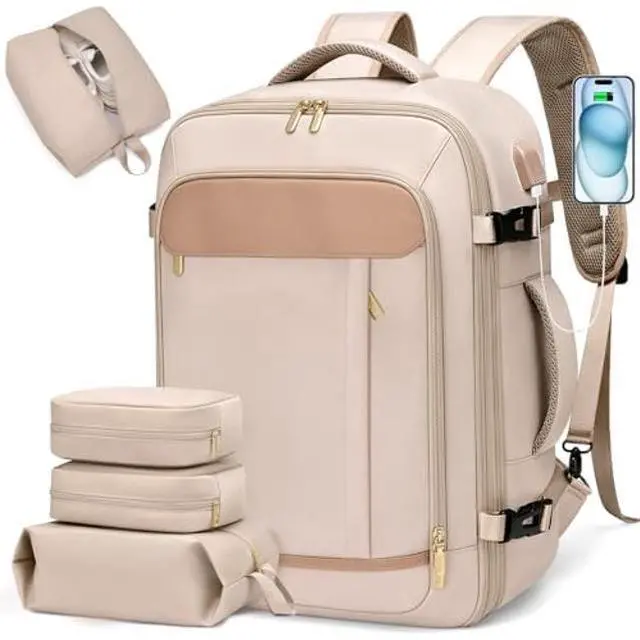 Main image of VNINE Travel Backpack for Women Men: 40L Large Carry On Backpack Flight Approved with 3 Packing Cubes Expandable Personal Item Travel Bag with USB Charging Port Fits 17" Laptop Essentials Beige