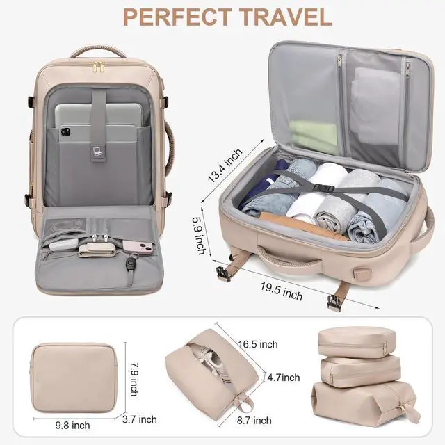 Alt view image 2 of 5 - VNINE Travel Backpack for Women Men: 40L Large Carry On Backpack Flight Approved with 3 Packing Cubes Expandable Personal Item Travel Bag with USB Charging Port Fits 17" Laptop Essentials Beige