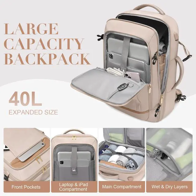 Alt view image 3 of 5 - VNINE Travel Backpack for Women Men: 40L Large Carry On Backpack Flight Approved with 3 Packing Cubes Expandable Personal Item Travel Bag with USB Charging Port Fits 17" Laptop Essentials Beige