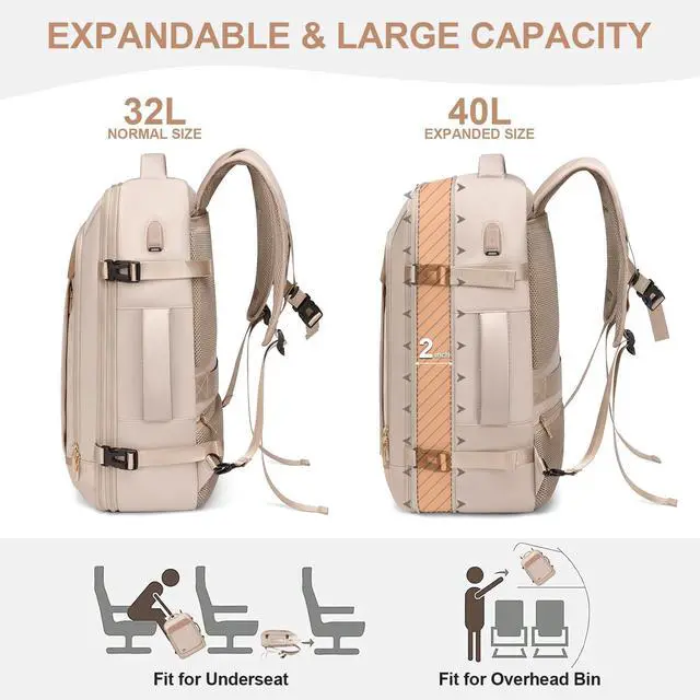 Alt view image 4 of 5 - VNINE Travel Backpack for Women Men: 40L Large Carry On Backpack Flight Approved with 3 Packing Cubes Expandable Personal Item Travel Bag with USB Charging Port Fits 17" Laptop Essentials Beige