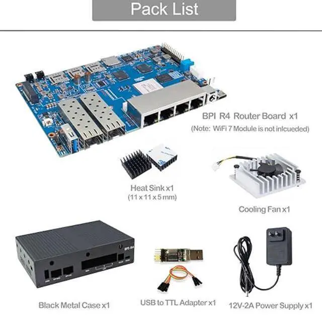 Alt view image 2 of 5 - Banana Pi BPI-R4 WiFi 7 Wireless Dual-Band WiFi Router Board OpenWRT, with MediaTek MT7988A (Filogic 880) SoC, Support 2X 10GbE SFP and 4X GbE Gigabit Ethernet for NAS Smart Home Gateway (Bundle2)