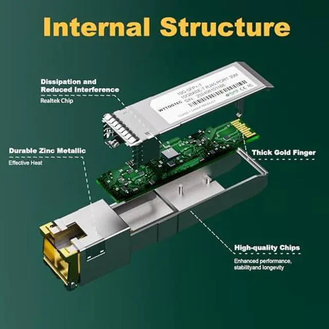 Alt view image 4 of 5 - 10G SFP+ to RJ-45 Transceiver, 1.25/2.5/5/10G-T Copper SFP+ CAT6a Module, Auto-Negotiation, Up to 30m, for Cisco SFP-10G-T-S, Ubiquiti UniFi UF-RJ45-10G, Meraki, TP-Link, Mikrotik, Netgear and More