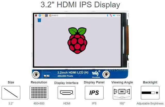 Alt view image 2 of 5 - waveshare 3.2inch IPS LCD Display (H) for Raspberry Pi 4B/3B+/3B/2B/Zero/Zero W/Zero WH and Jetson Nano and Windows 11/10/8.1/8/7, 480x800 Pixel, Adjustable Brightness, No Touch