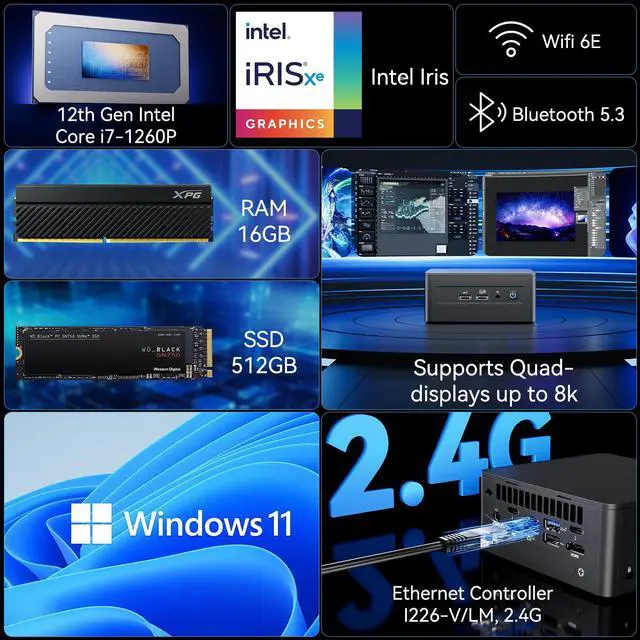 Alt view image 3 of 5 - Intel NUC 12 Pro, for ASUS NUC12 Pro Wall Street Canyon Mini PC, 16GB RAM, 512GB SSD, Intel Core i7-1260P CPU (18M Cache, up to 4.70 GHz), WiFi 6E, BT 5.2, 2*Thunderbolt 4, Win 11 Pro(NUC12WSHi7)