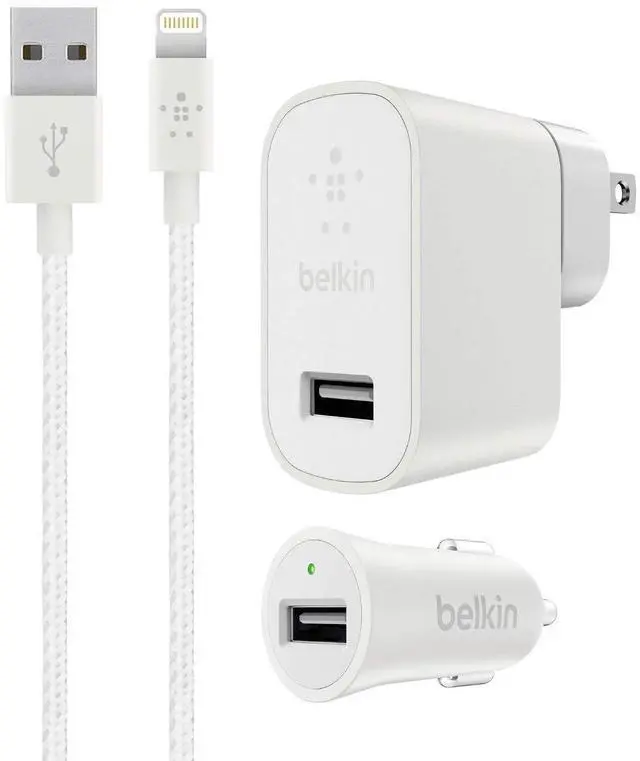 Main image of Belkin MIXIT Metallic Charger Kit, Including Wall Charger, Car Charger and 4' Lightning Cable, White (2.4 Amp)